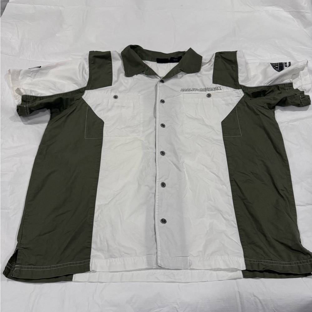 Harley Davidson white and olive Short Sleeved worker/ mechanic style shirt